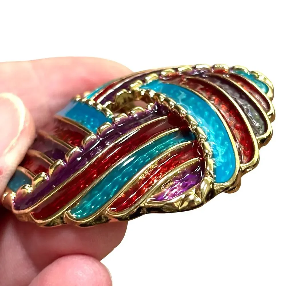 Vintage 80’s fashion brooch gold & multicolor enamel stripes domed textured